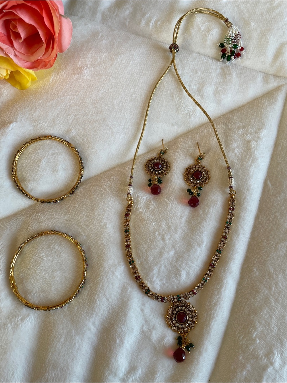 Bollywood Indian Style Gold Gemstones Necklace,2 Bracelets & Earrings Set